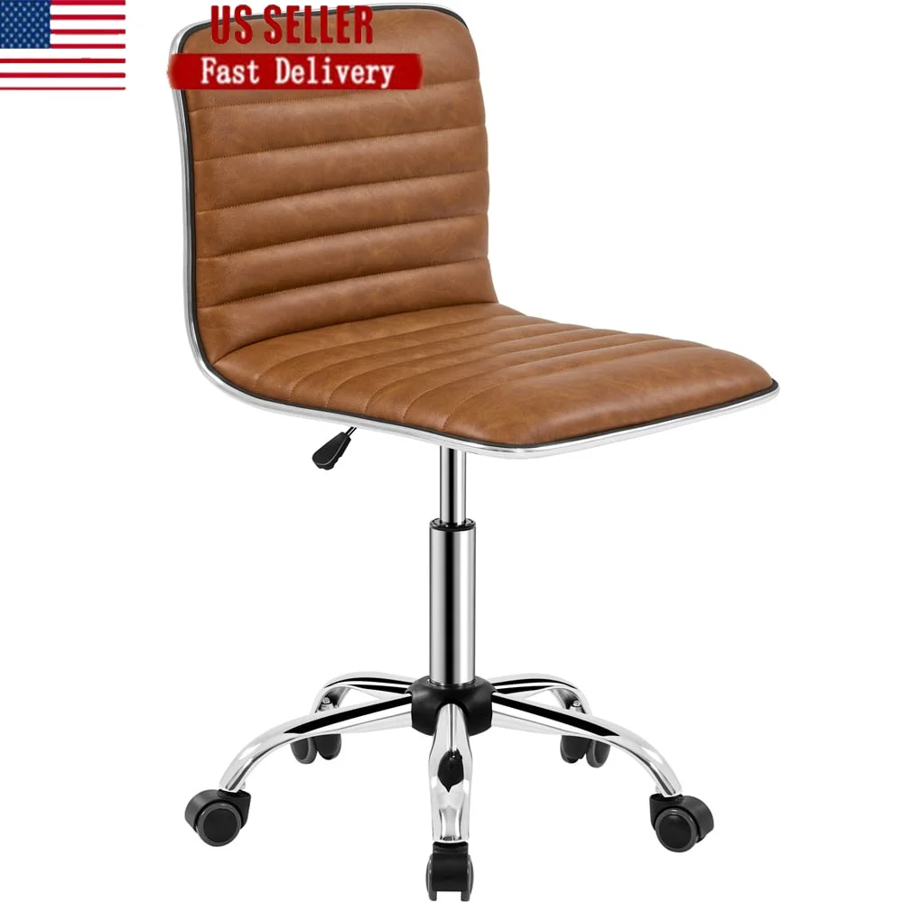 

PU Leather Armless Desk Chair with Wheels Adjustable Height 360 Swivel Retro Brown Ergonomic Soft Padded Seat Office Study