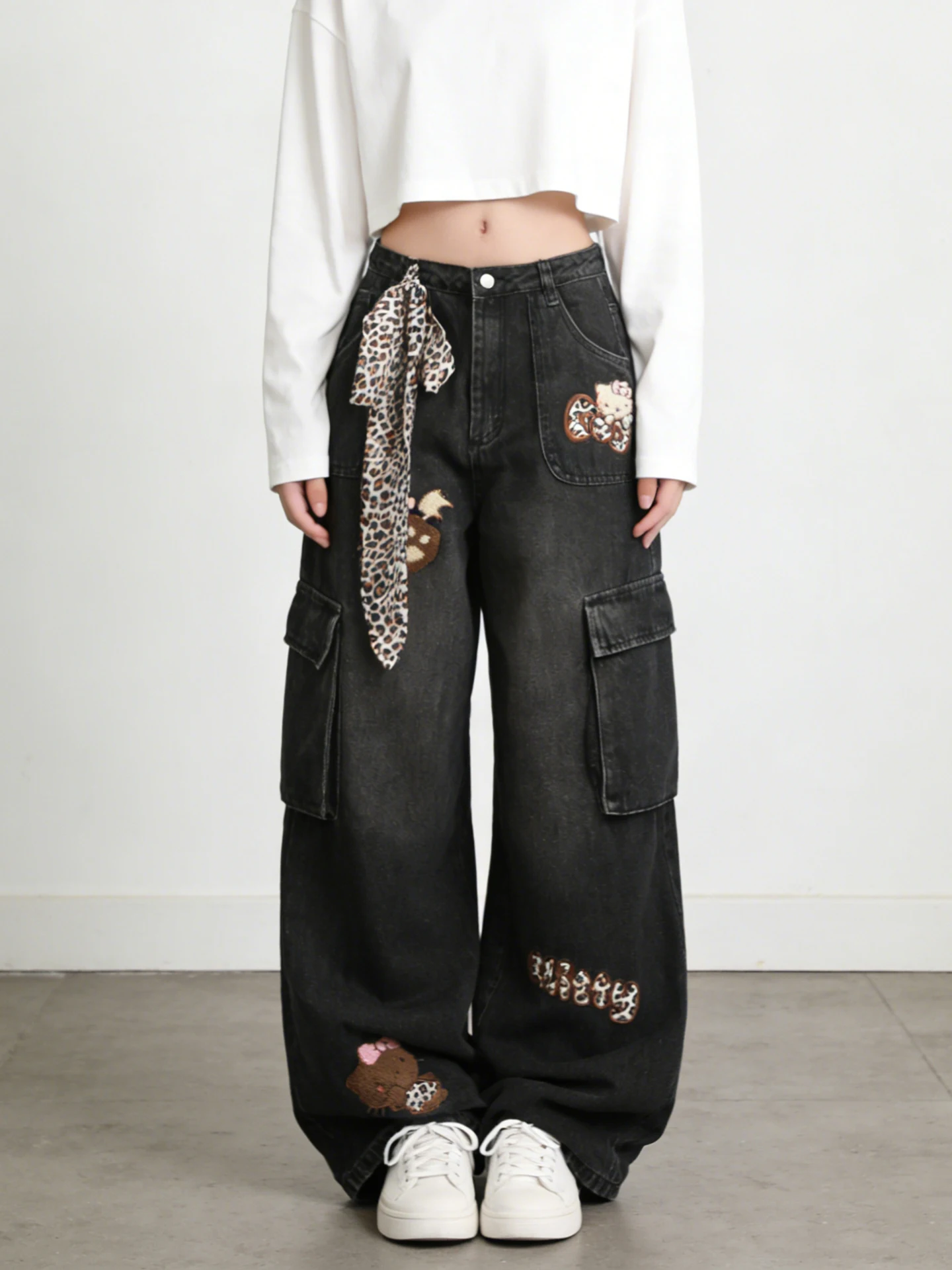 

plus Size Women's Wide Leg Denim Jeans High Waist Embroidered Leopard Print Straight Workwear Trousers Casual Cotton Blend