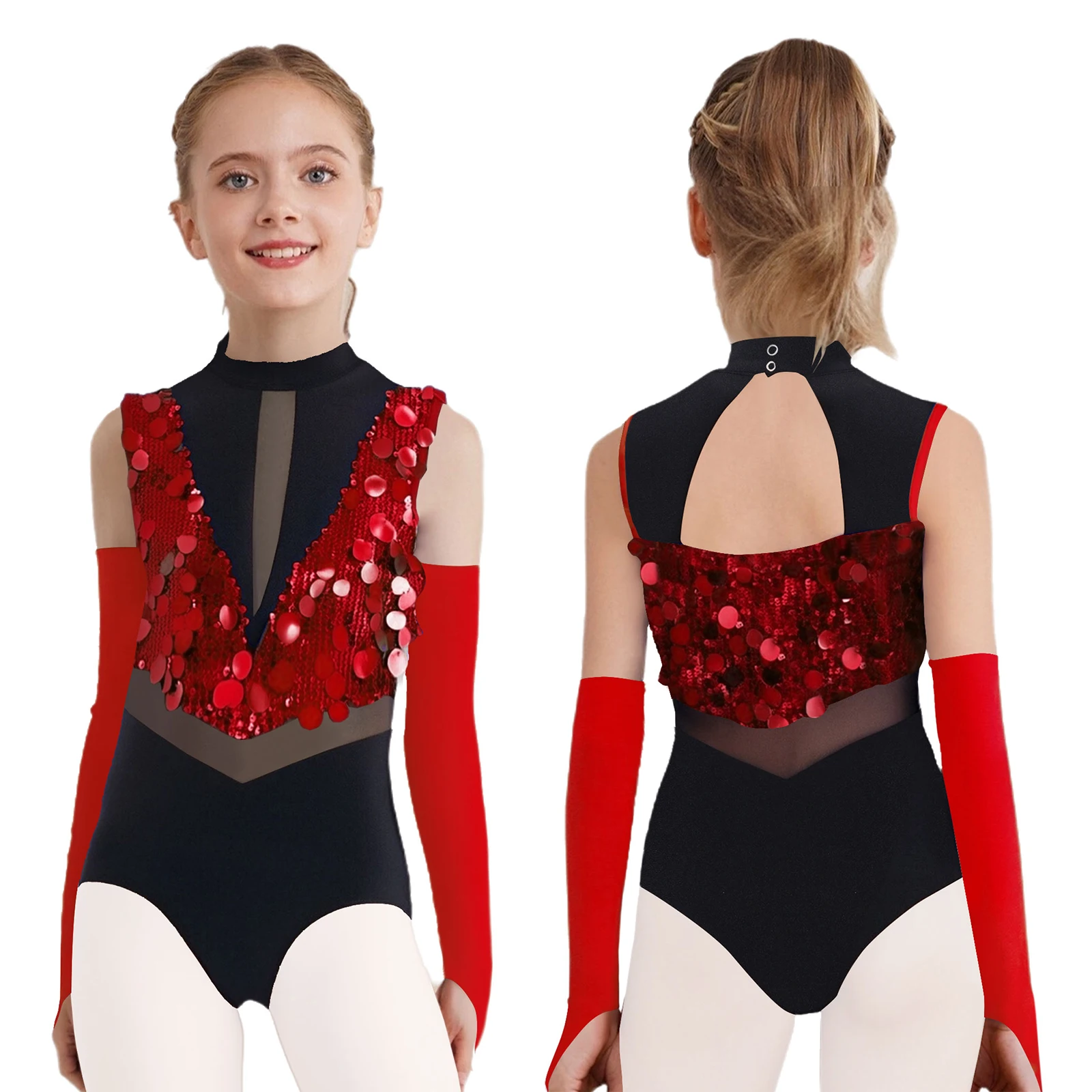 Meninas jazz latino dança patinação artística ginástica collant sem mangas lantejoulas bodysuit com luvas desempenho de salão dancewear