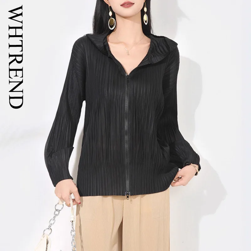 

WHTREND плиссированная куртка с капюшоном для женщин, модное повседневное универсальное свободное пальто большого размера на молнии с длинными рукавами WH1963