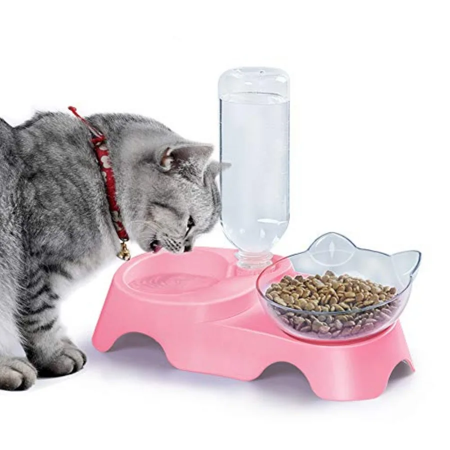 

Double Dog Cat Bowls - Pets Water and Food Bowl Set, 15°Tilted Water and Food Bowl Set with Automatic Waterer Bottle for Small