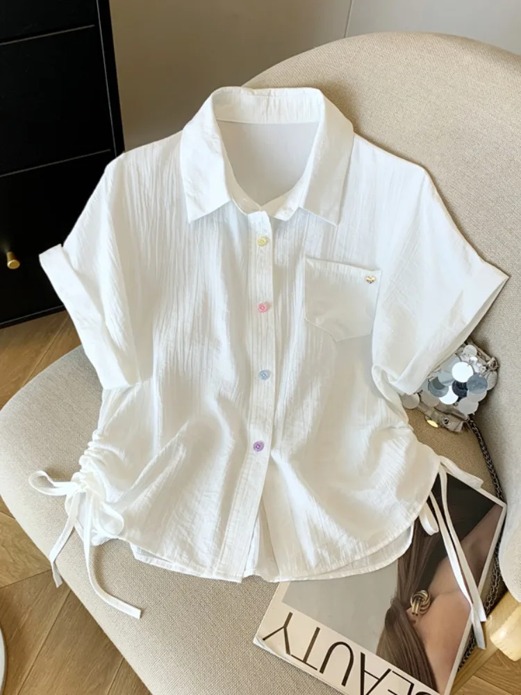 

Loose Casual White Ne ort Sve irt Women's Summer 2026 Dstring Design Trendy Top Korean Sle Commute Wind
