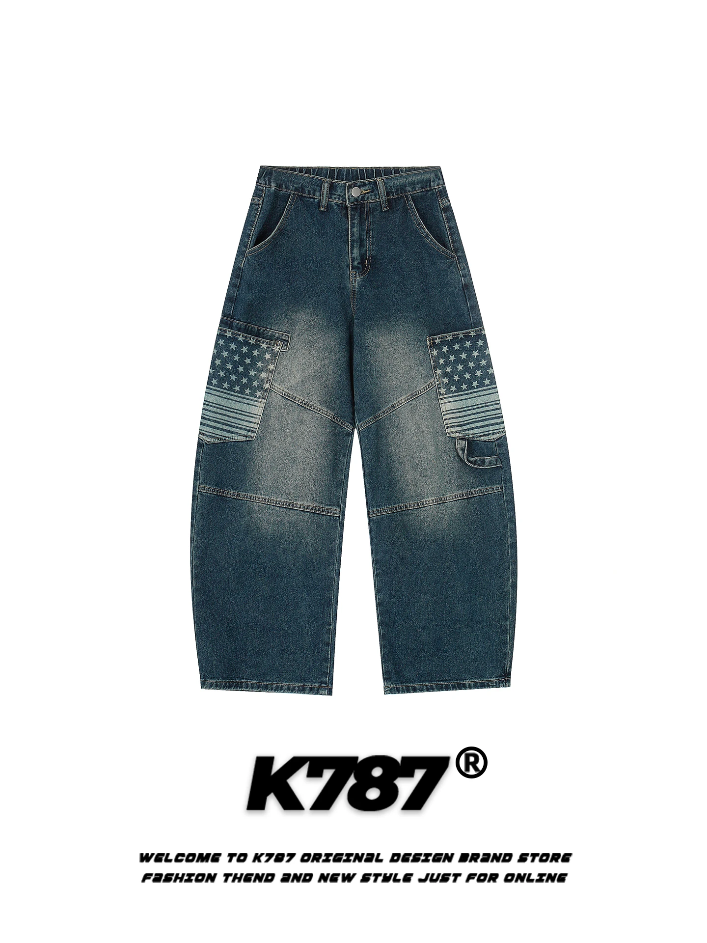 

K787 American Retro Star Print Curved Knife Pants High Waist Wide Leg Casual Loose Fit Slimming Men Women Jeans Cotton Polyes...
