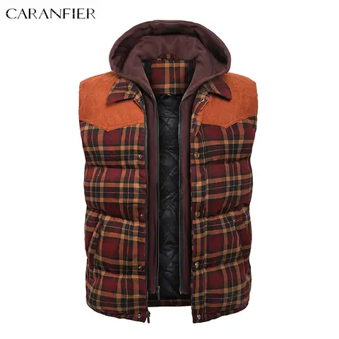 CARANFIER Men's Cotton Plaid Hooded Vest Jacket Thick Warm Winter Scotland Style Shirts Male Military Outdoor Sleeveless Coat