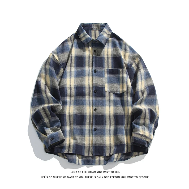 Mens Shirts Men Clothing Trendy Retro Plaid Long Sleeve Loose Fit Big Size Casual Button Down Shirt for Gentlemen