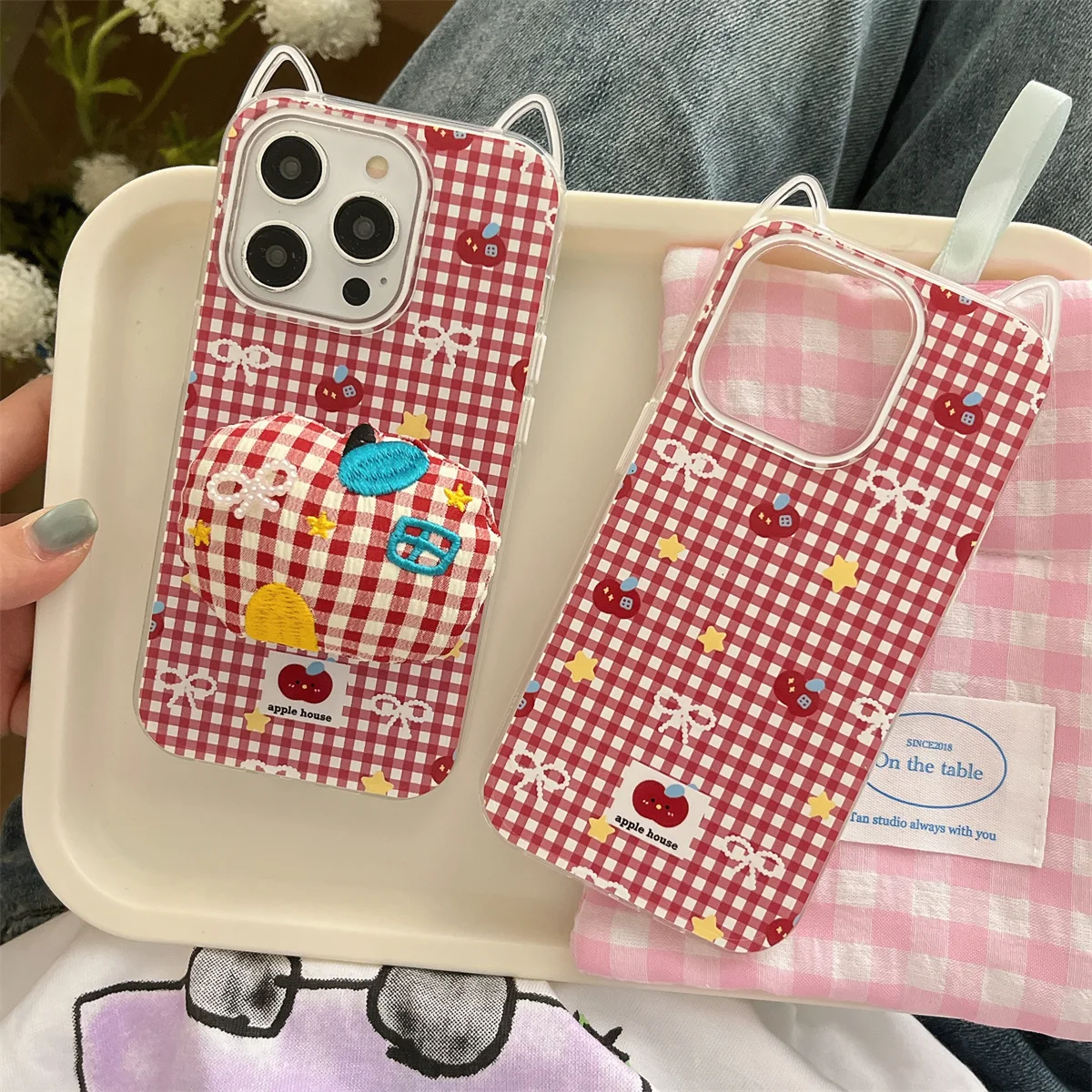 

New Red checkered apple bow Phone Case For iPhone 16 15 14 13 Pro Max fundas iphone 16 case Protective cover iphone 16 pro max