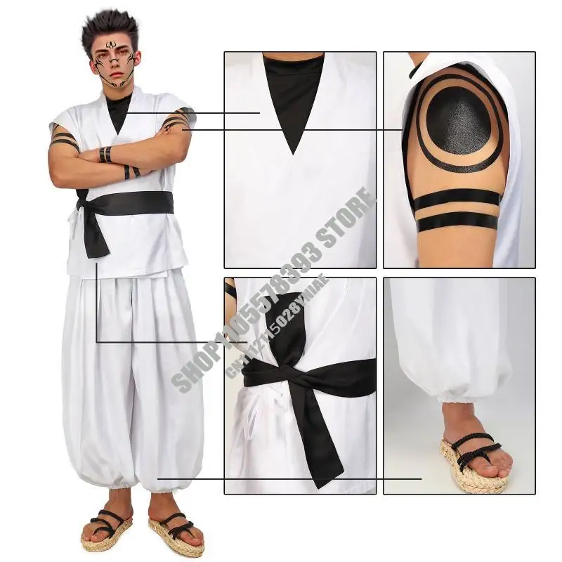 

Ryomen Sukuna Costume White Kung Fu Suit with Tattoo Stickers as Megumi Showdown Cosplay Costume Full Set