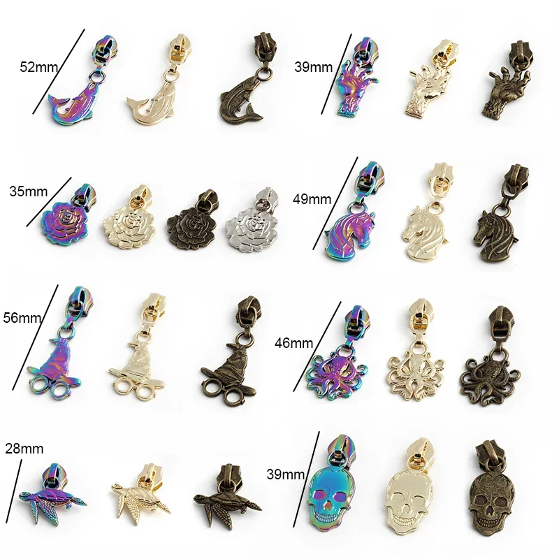 Skull Shape 5# Nylon Metal Zipper Puller Slider For Bags Purse Repair Puller Tab Double Sided DIY Sewing Replacement Accessories