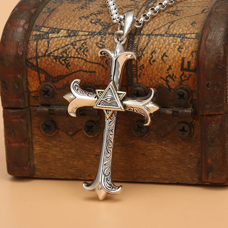 

S925 silver european and american personalizedretro eye cross pendant men's and women's color matching necklace trendy