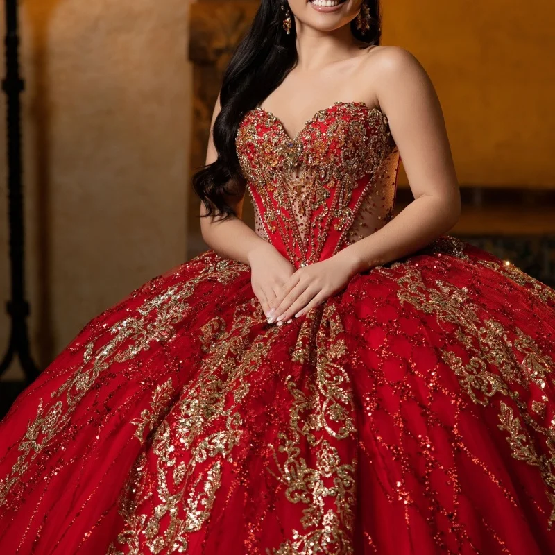 Red Glitter Quinceanera Dresses Off Shoulder Ball Gown Sweet 16 Dress Gold Applique Lace Beads Bow Tull Party Birthday Vestidos