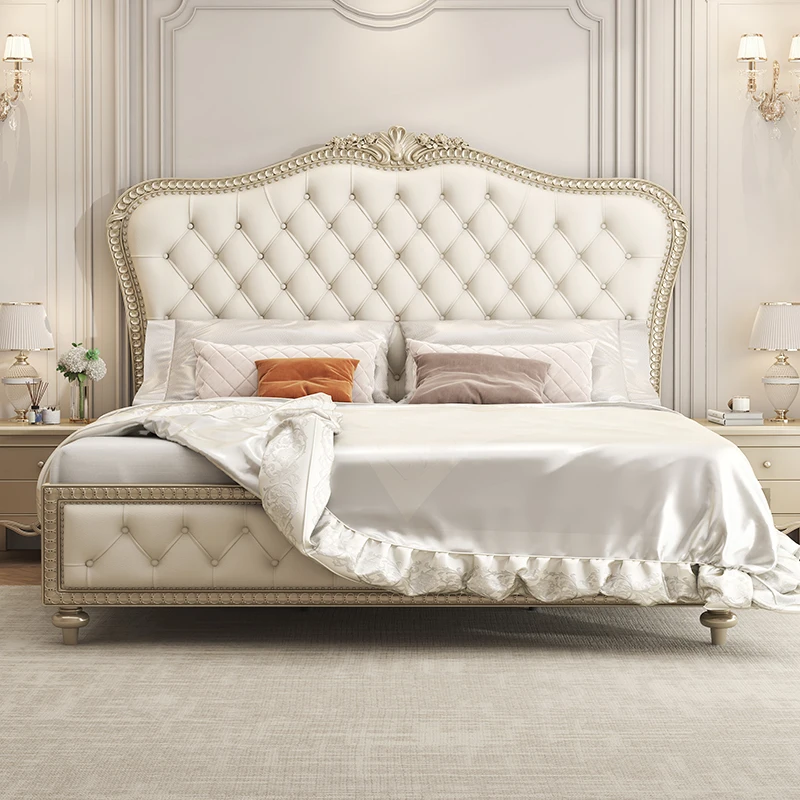 

French light luxury court style solid wood bed double master bedroom cream style high-end atmosphere carved princess bed America