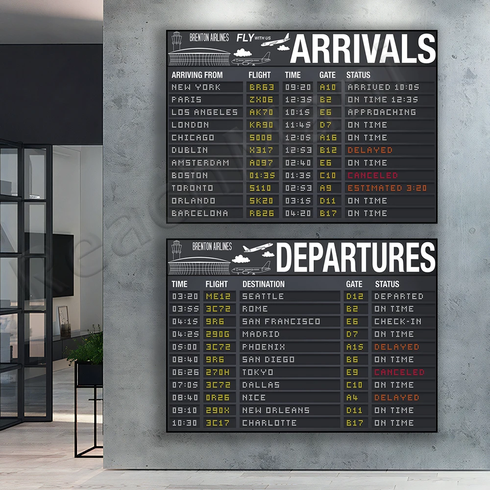 Airplane party poster, arrival and departure two signs set, airport terminal signs, use for self edit. aviator decoration