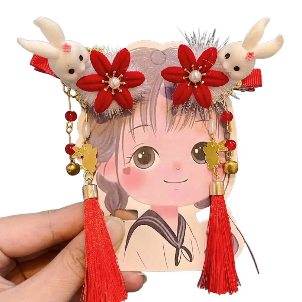 

Girls Red Headdress New Year Headwear Hanfu Children Hairpin Rabbit Tassel Hair Clips Barrettes Hair Accessories