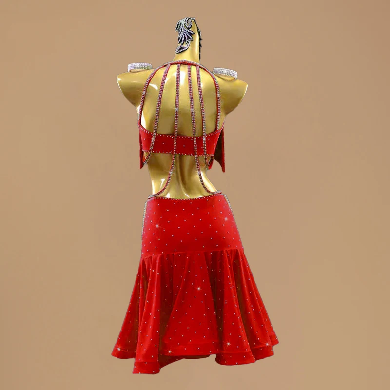 2025年ラテンダンスパフォーマンス衣装 タッセル ラインストーン パールチェーン レッドドレス ガールズ レディース チャチャダンス競技用ドレス L18008