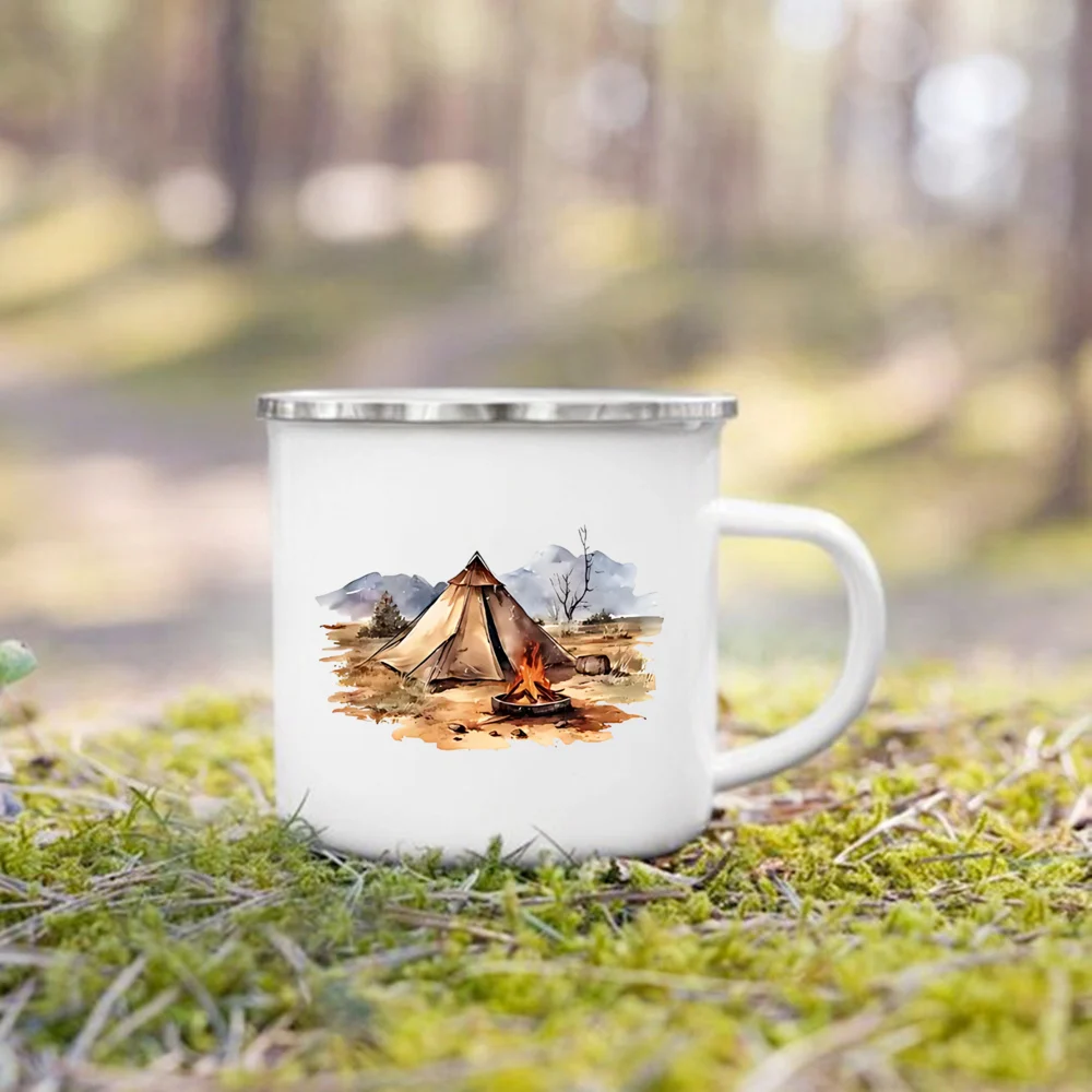 Adventure Day Caravan Printed Camper Mugs Camping Enamel Mug Campfire Party Beer Juice Cup Mountain Handle Cups Gifts for Camper