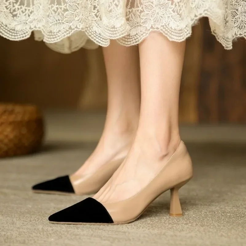 Sexy Pointed Toe Women Shoes 2024 Korean Style Fashion Apricot Black Color Block Women\'s High Heels Summer Elegant Dress Shoes