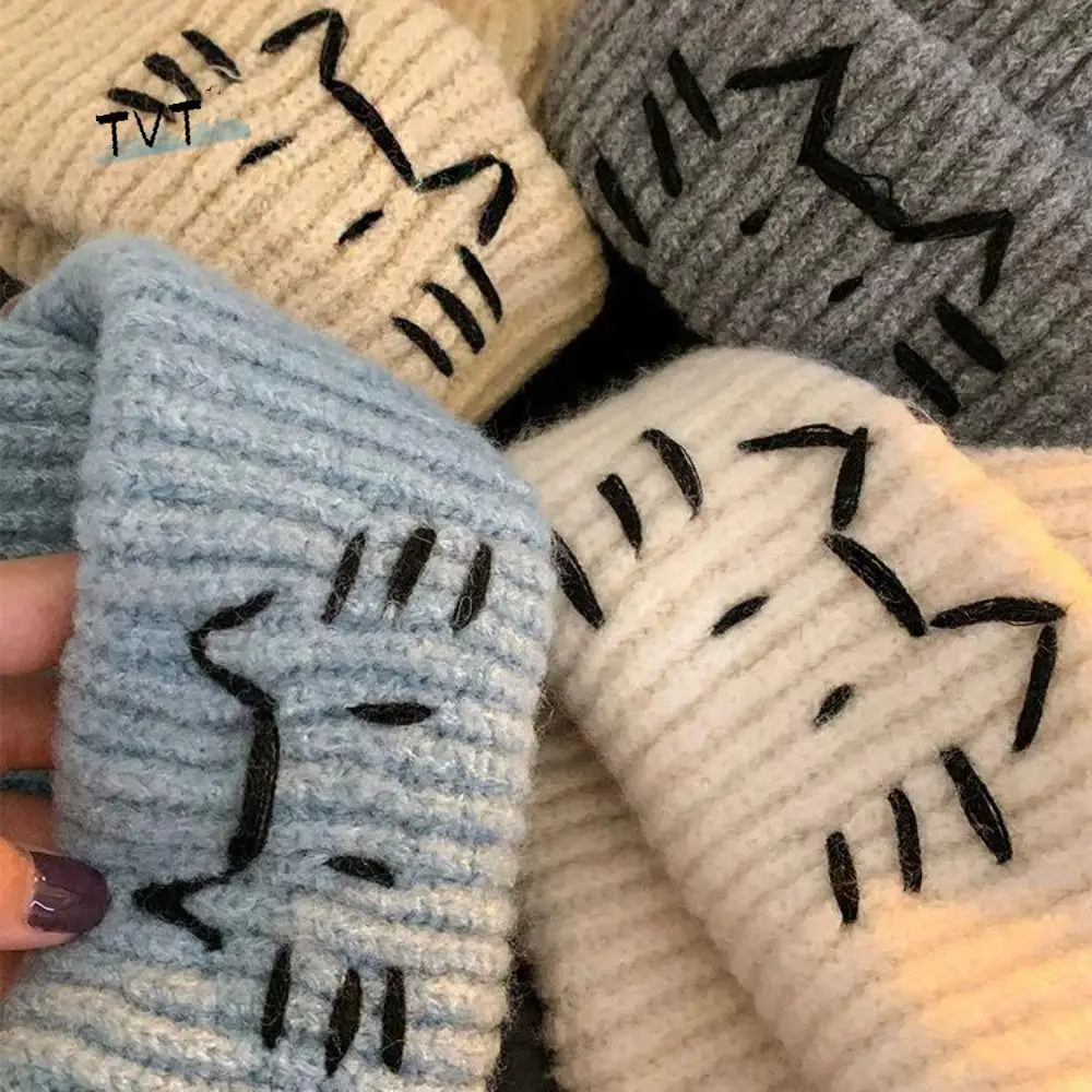 

Retro Embroidered Kitten Cute Cat Knitted Hat Wool Warm Knit Beanies Retro Korean Printing Knit Cap Outdoor