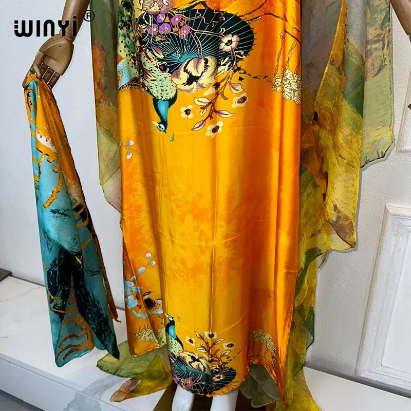 WINYI summer Double-layer printed evening dress Women Print Female kaftan abaya dubai luxury maxi long down dress with belt