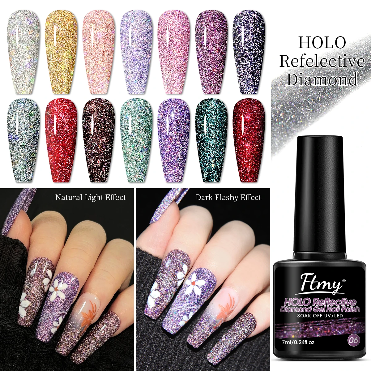 7ML FTMY Lakier Hybrydowy do Paznokci Efekt Złamanej Diamentowej Skorupy, Lakier Hybrydowy z Efektem Odblaskowego Brokatu, Błyszczący Lakier Hybrydowy z Brokatem, Lakier Hybrydowy Semi-Permanentny, Lakier Hybrydowy do Usuwania Soak Off