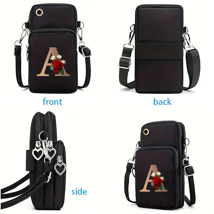 Cute Rose Initial Print Phone Crossbody Bag, Waterproof Nylon Shoulder Bag, Ideal Gift For Women Daily Use