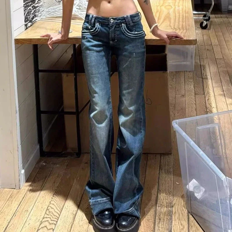 Low Rise Washed Jeans Women Y2K Street Style Straight Slight Flare Denim Pants Woman Full Length Blue Jeans