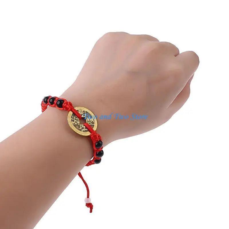 HX6F Adjustable Braided Red String Copper Coin Pendant Bracelet Gift for Couples