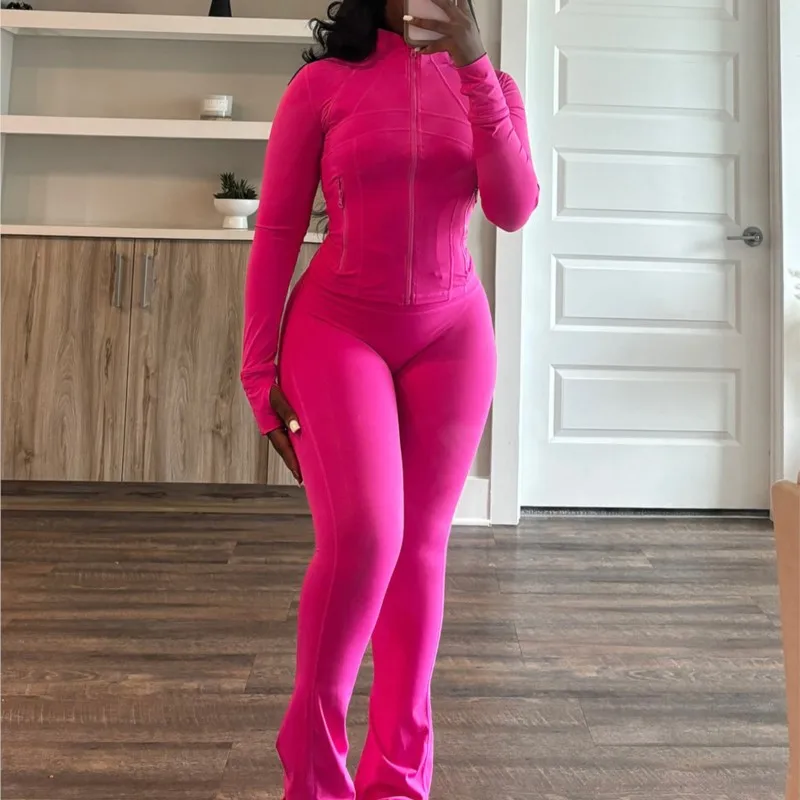 

2025 Sexy Hot Girl Sports Style Women's Suits Fashionable Solid Color Long Sleeve Zipper Open-clad Tight-fitting Trousers Set