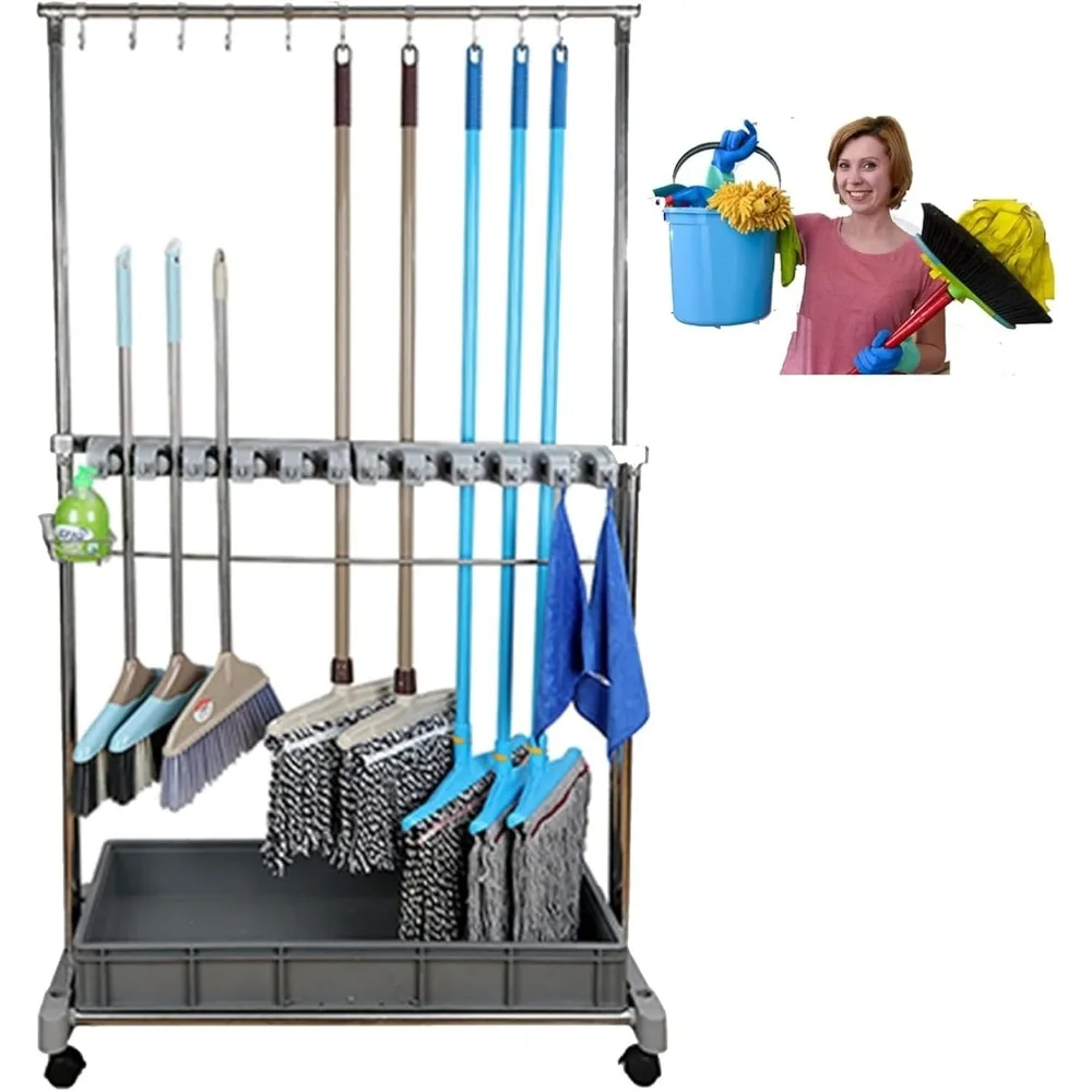 مكنسة وممسحة قائمة على الأرض لأدوات التنظيف ومنظم تخزين أدوات الحديقة