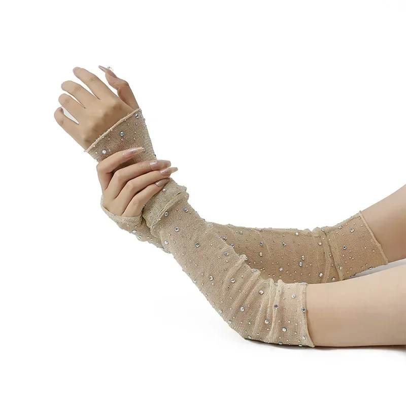 Sweet Sun Protection คริสตัลแขนแขนตาข่ายแขนยาวผ้าไหมน้ําแข็งแขน Breathable มือแขนฤดูร้อนสําหรับผู้หญิง