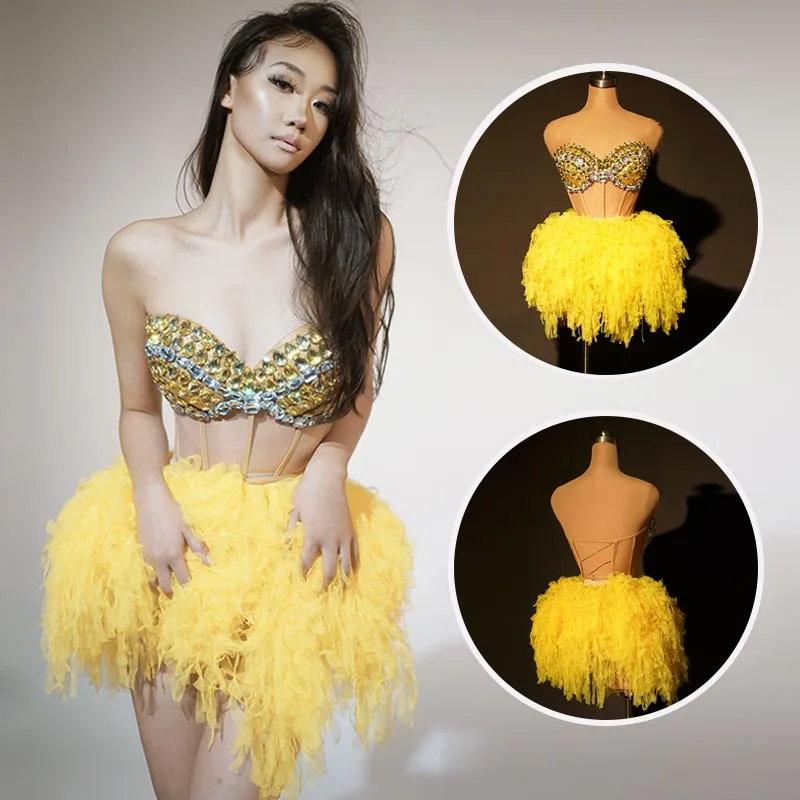 

Yellow Birthday Party Dress Rhinestone Evening Dress Nightclub Bar Gogo Dancer Clothing Dancehall Queen Outfit Female Rave Wear