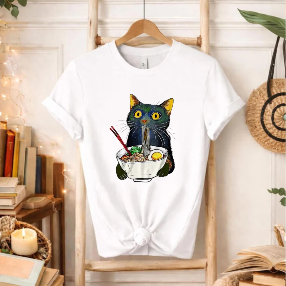 Kawaii Clothing Ramen Noodle Black Cat Foodie Lover Best Seller Gift Meme Tee T Shirt  Men Clothing Harajuku Tops Autumn Coat
