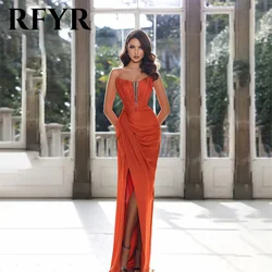 RFYR Pleat V Neck Orange Prom Dresses Sleeveless Sexy Mermaid Evening Dresses With Split Stain Floor Length فساتين مناسبة رسمية