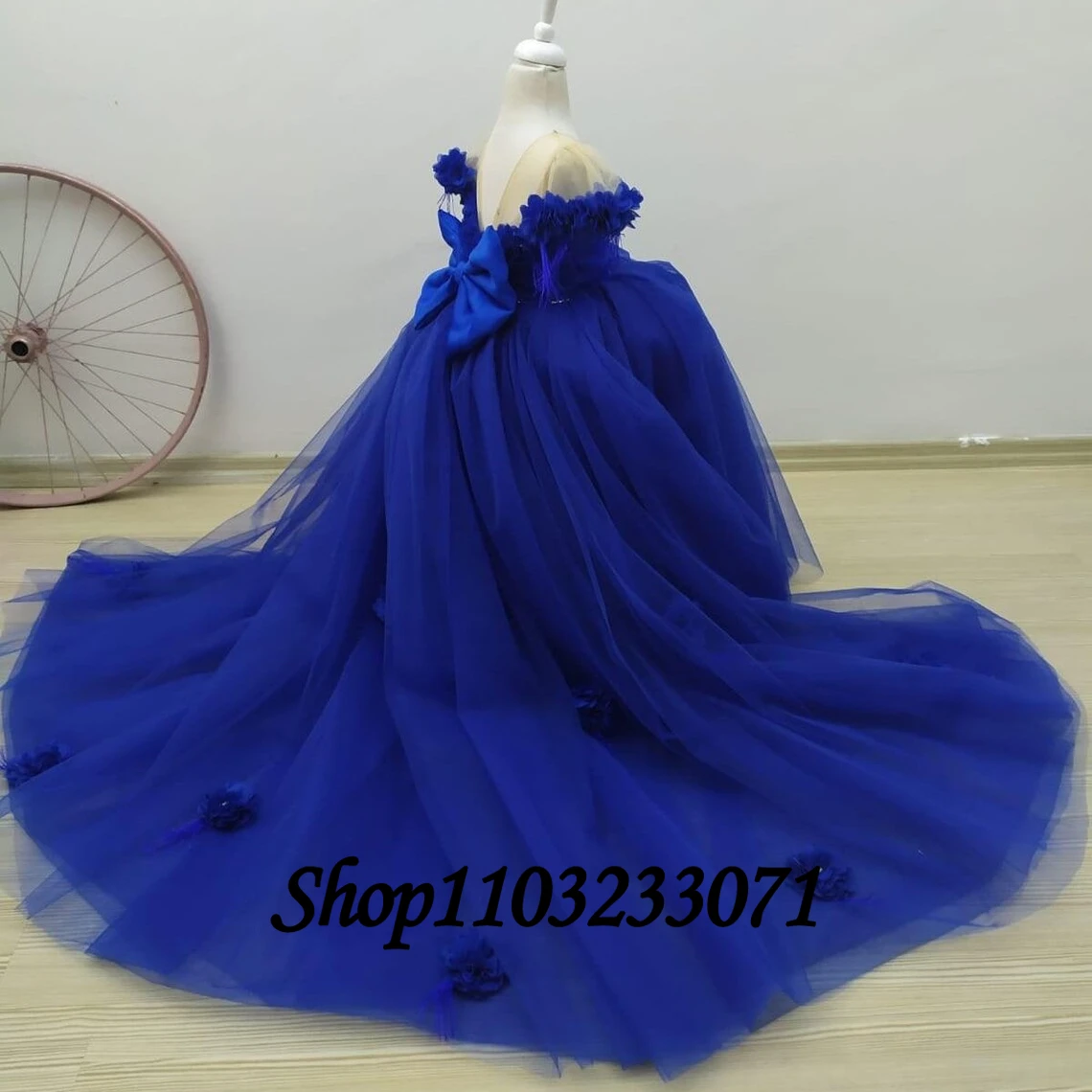 Royal Blue Flower Baby Girl Dress Train Beaded Bow Little Kids Princess Girls Wedding Birthday First Communion Party Dress