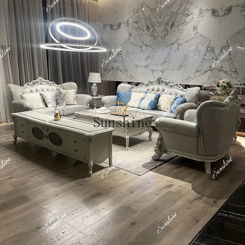 European-style solid wood leather villa sofa small apartment living room combination high-end luxury Tiffany blue TF