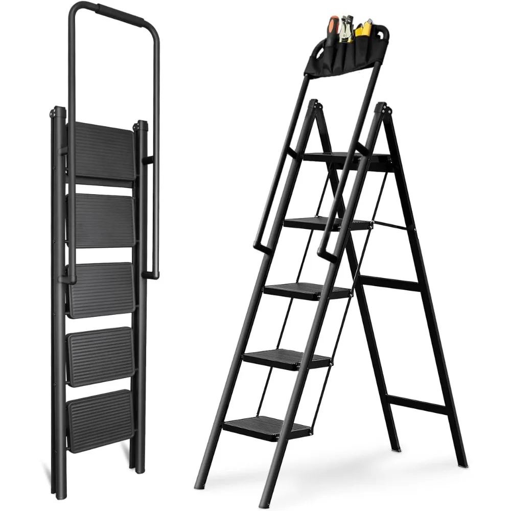 

5 Step Ladder with Handrails, Ladders for Home with Removable Tool Bag, Heavy Duty Ladders 330lbs Capacity, Folding Ladder Easy