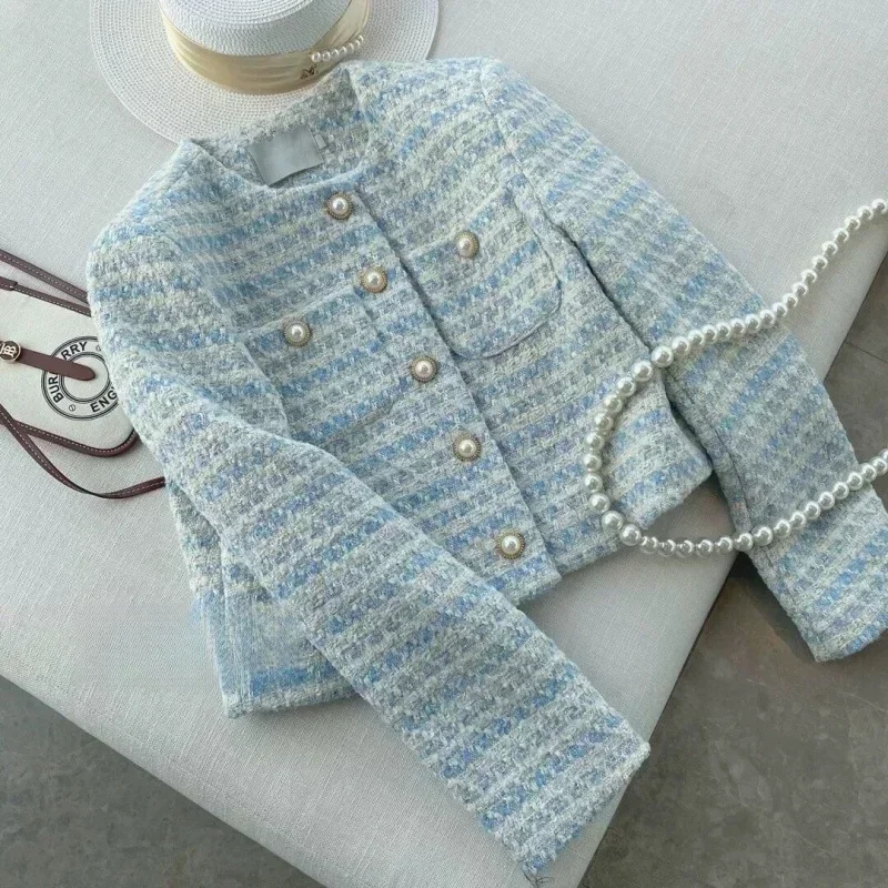 Romantic Tweed Style Blue Pearl Button Jacket for Women Spring Autumn New Round Neck Long Sleeve Woven Jackets