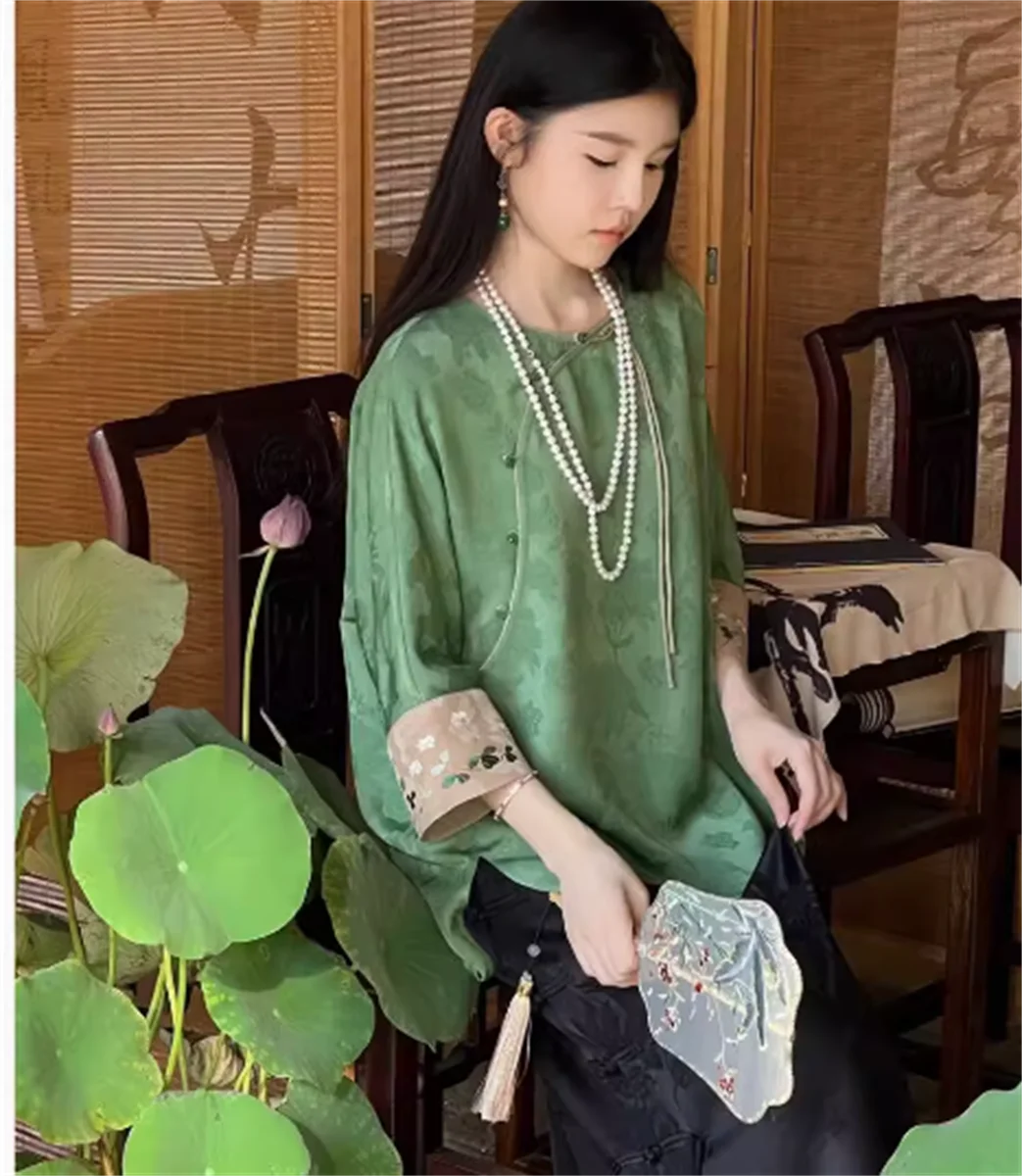 New Retro Water Quiet Lotus Fragrance New Chinese Style Imitation Mulberry Silk Round Neck Embroidered Loose Top