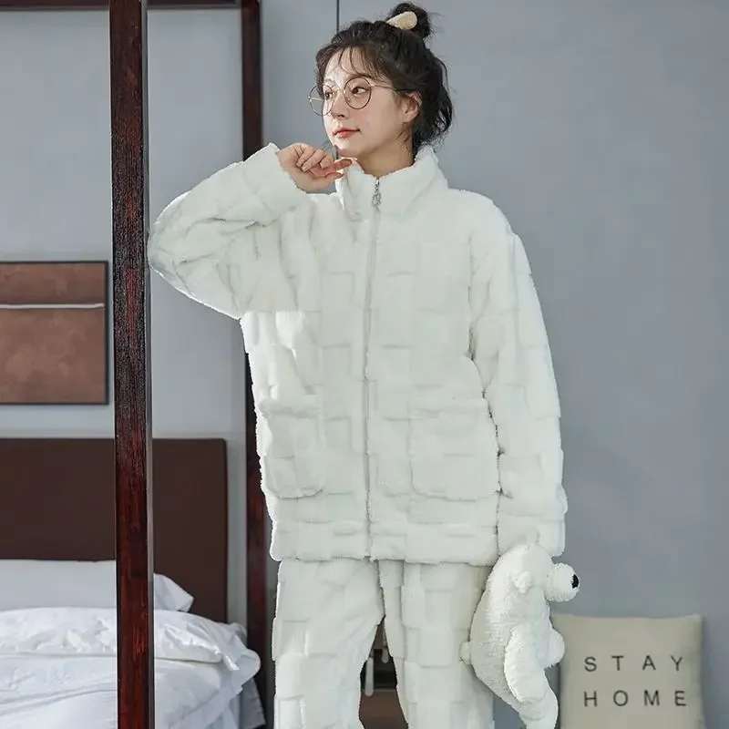 Women Autumn Winter Sleepwear Thick Fleece Coral Velvet Pajamas Female Student Dormitory Zipper Flannel Loungewear Set Pijama