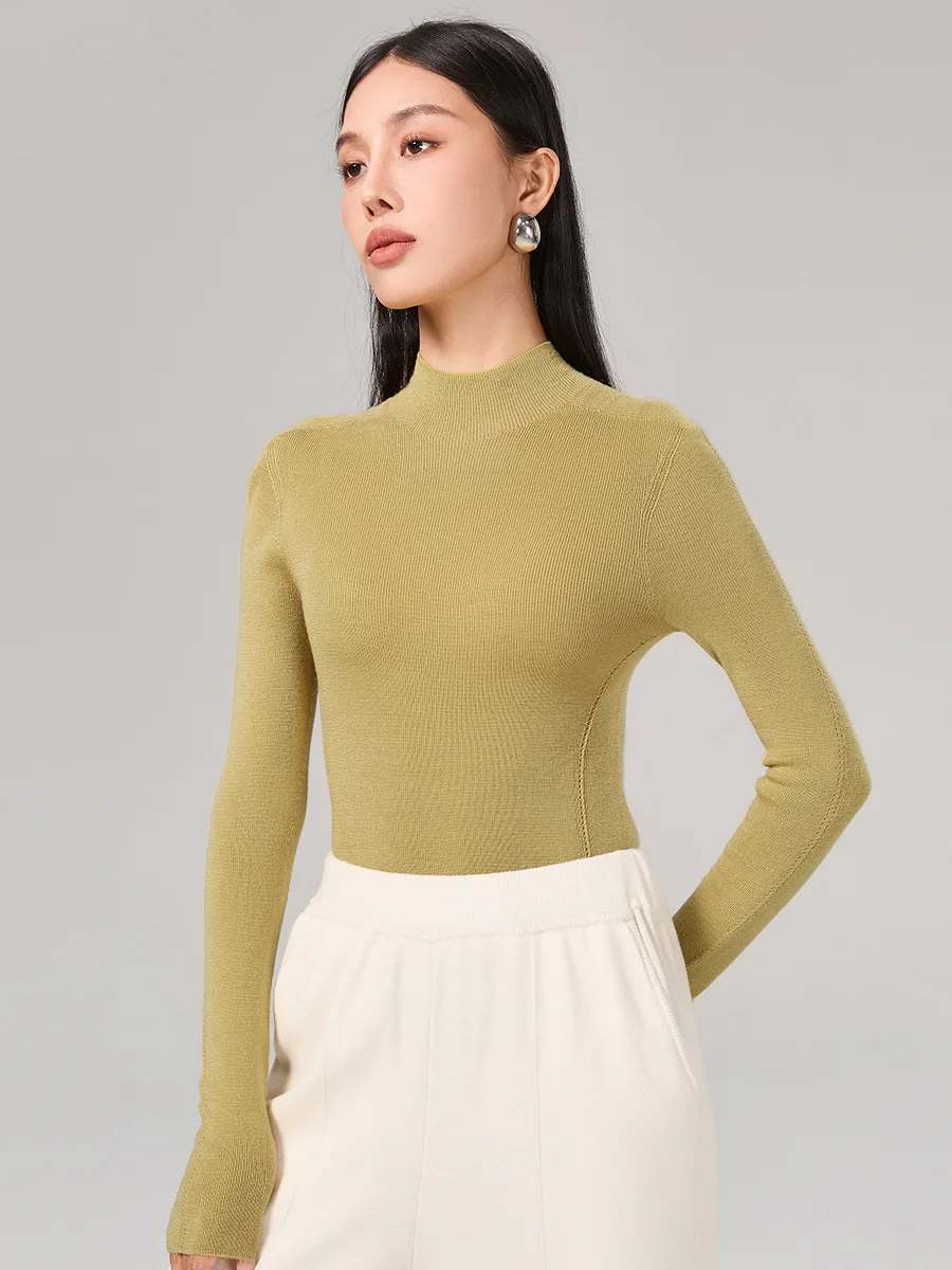 Birdtree 18G 10% Silk 90%Sheep Wool Sweaters Long Sleeve Mock Neck Knit Chic Basics Pullovers Woman Autumn Winter New T39413QM