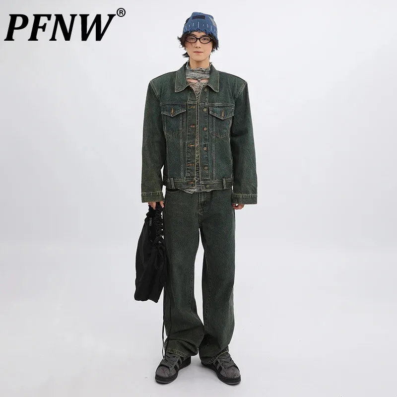 

PFNW Korean Two-piece Male Set Spliced Design Worn-out Washed Vintage Denim Jacket High Street Straight Jeans Men's Set 28W5155