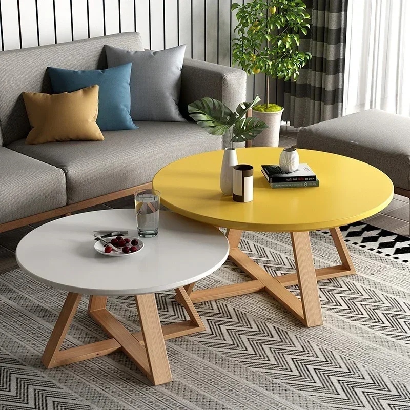 Creative Solid Wood Round Coffee Table Combination Simple Assembly Center Table for Living Room Home Decorative Furniture Set