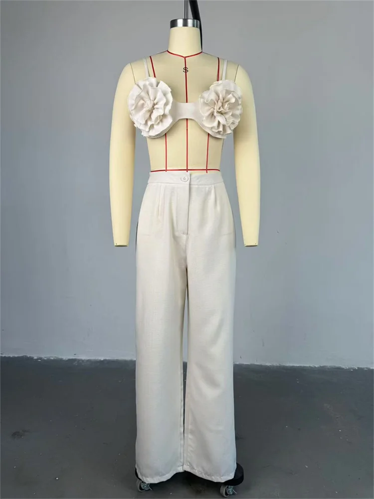 Weird Puss Urlaub Strand Stil 2-teiliges Set Frauen geraffte Blume BH Tops + Knopf Taille gerade Hosen Mode sexy Trend Outfits