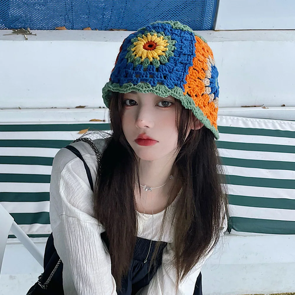 2023 new Patchwork Korean bucket hats for women cap fashion designer Panama bucket Hand-woven Knitted hat crochet for Ladies hat