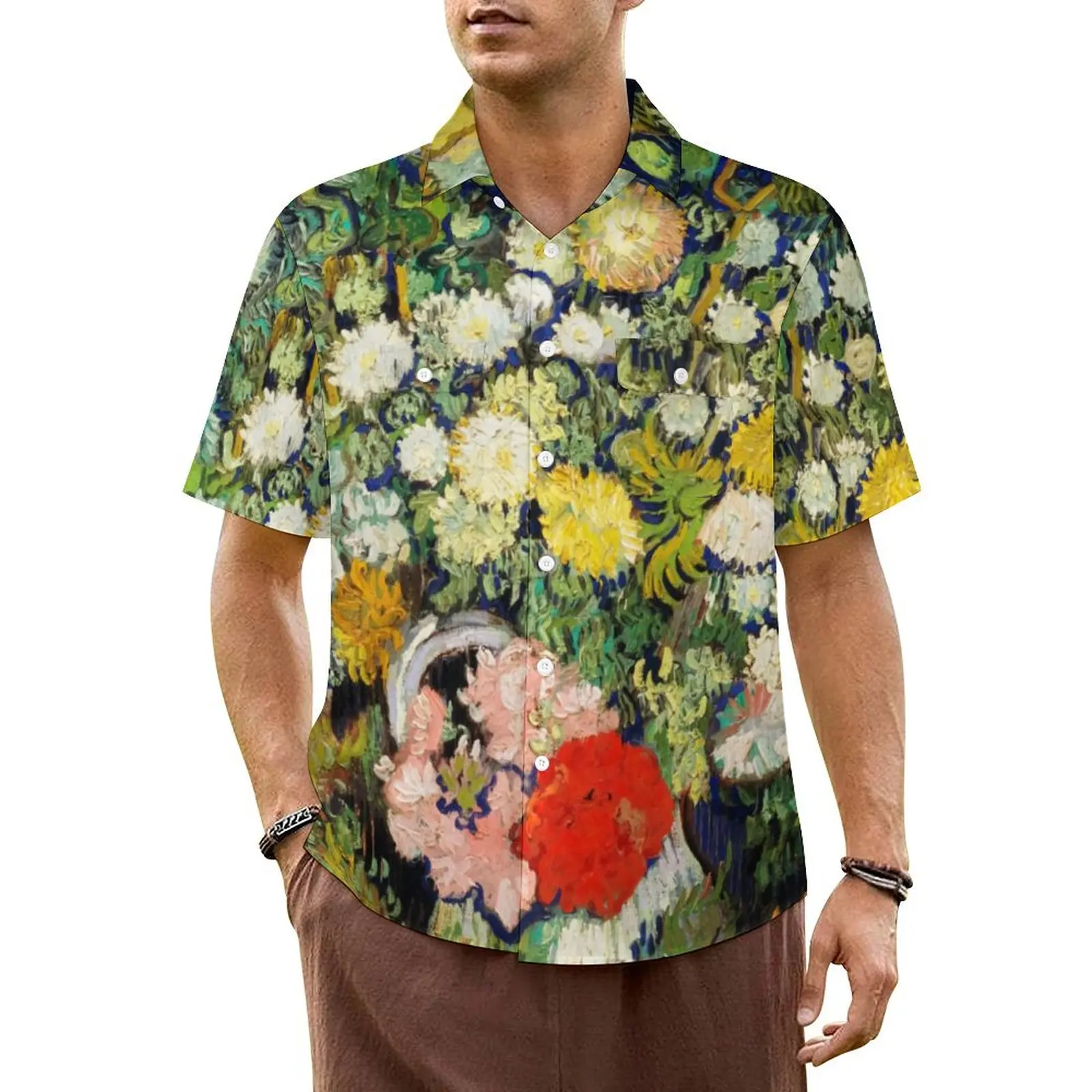 Hawaii Shirt Vacation Vincent Van Gogh Blouses Bouquet of Flowers Retro Casual Shirts Men Short Sleeves Fashion Oversized Top