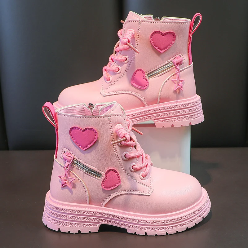 Girls Fashion Versatile Casual Korean Style Heart Decoration Kids Sweet Princess 2023 Spring and Autumn New Ankle Boots Non-slip