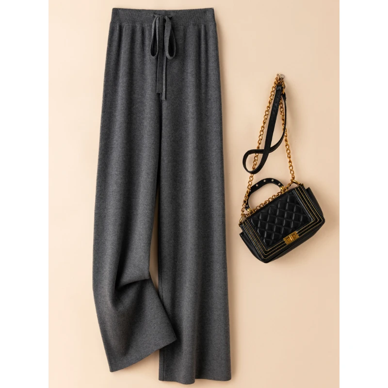 2024 New Thickened Wide Leg Pants Women's Casual Loose Four-Flat Straight Trouser High Waist Draped Wool Knitted Floor-Mopping