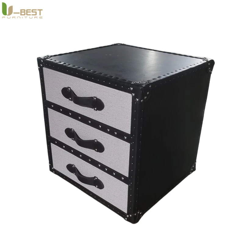 U-best Retro Loft Style Nightstand Industrial Aluminum 3-Drawer Aviator Trunk Vintage Bedside Cabinet Cigar Lounge Furniture