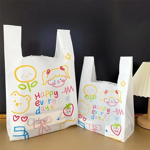 주방 보관 정리정돈 포장 비닐 봉투, 슈퍼마켓 식료품 쇼핑 선물, 생일 귀여운 만화 패턴, 50 개/팩 