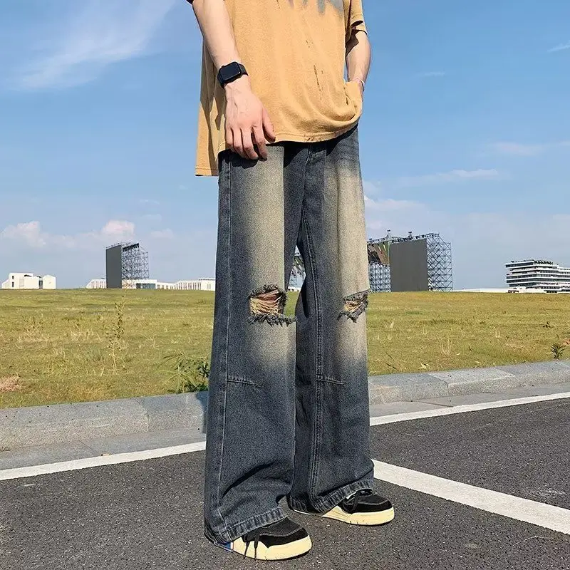 

High Street Vintage Loose Dyed Hole Straight Leg Jeans Men's Floor-Length Wide Leg American Waed Poor Boy Denim Jeans