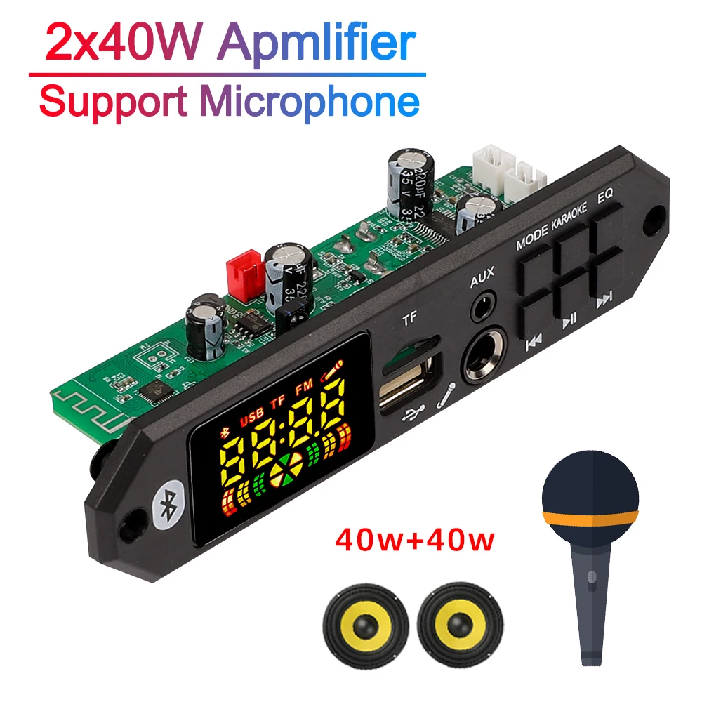 Wireless MP3 Bluetooth Decoder Board 80W Amplifier Stereo Music MP3 Player FM Radio Handsfree Call Recording Support Microphone